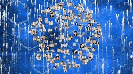 Poster - Globe of network of profile icons spinning over light trails falling against blue background