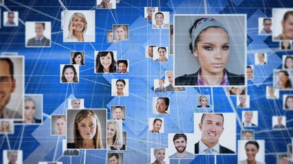 Poster - Network of profile icons against multiple square shapes on blue background
