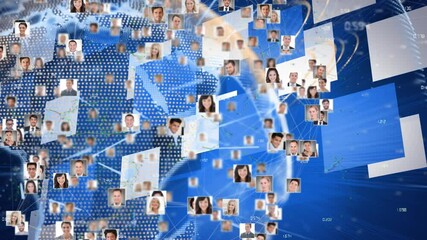 Poster - Animation of people portraits rotating around globe with data processing, on blue
