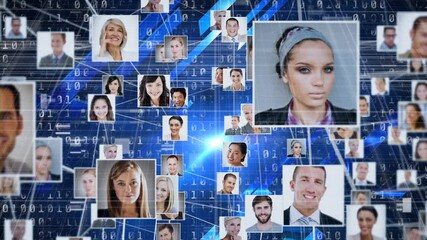 Poster - Network of profile icons against binary coding data processing on blue background