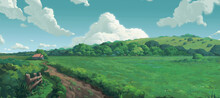Green Field, Day Sky Clouds Anime Background