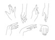 © NastyaTsy - A collection of realistic linear female hands. Isolated vector gesture icon set on white background. Elegant line hands for logos, cosmetics brands and nail salons. Vector with editable strokes.