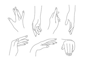 A collection of realistic linear female hands. Isolated vector gesture icon set on white background. Elegant line hands for logos, cosmetics brands and nail salons. Vector with editable strokes.