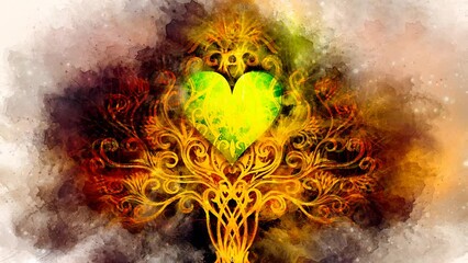 Poster - tree of life symbol on structured ornamental background with heart shape, flower of life pattern, yggdrasil.