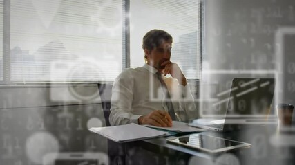 Poster - Animation of network of digital icons over businessman using computer