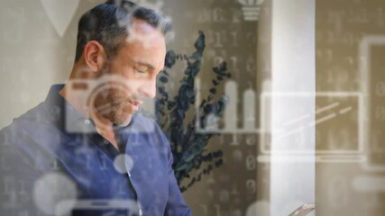 Poster - Animation of network of digital icons over businessman using tablet computer