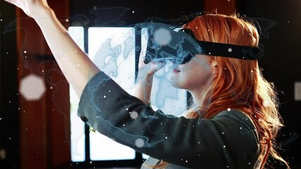 Poster - Animation of rotating globe and network over woman in vr headset gesturing, using virtual interface