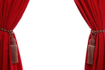 Wall Mural - Open elegant red front curtains on white background