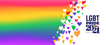 LGBT Pride Month Logo 2021 Flag Concept. Freedom Rainbow Flag With Hearts Isolated. Gay Parade Annual Summer Event. LGBT Pride For Lesbian Gay Bisexual And Transgender. Vector Illustration.