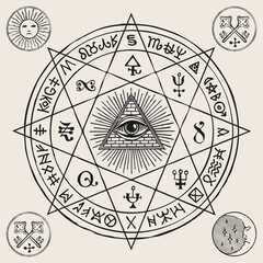 Sticker - Vector illustration with an all-seeing eye inside octagonal star, Masonic, alchemical and esoteric symbols. Hand-drawn banner or mascot in the form of a circle with a third eye, magic runes and signs