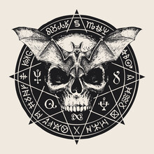 Hand-drawn Sinister Human Skull, Bat With Open Wings And Magic Symbols Written In A Circle. Witchcraft, Occult Attributes, Esoteric Signs. Monochrome Vector Banner Or Amulet With A Flying Vampire