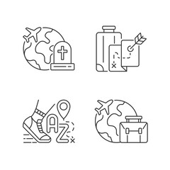 Poster - Tourism linear icons set. Tombstone travel. Alpatourism and saggitourism. Business trip for meeting. Customizable thin line contour symbols. Isolated vector outline illustrations. Editable stroke