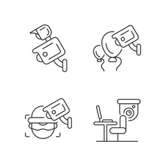 Sticker - Surveillance management linear icons set. Floodlight camera. Event security. Criminal detection. Customizable thin line contour symbols. Isolated vector outline illustrations. Editable stroke