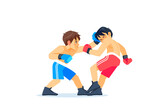 Fototapeta  - A young boxer or fighter loses and gets hit in the face by a knockdown or knockout in the boxing ring during a fight. Cartoon character, flat vector style illustration