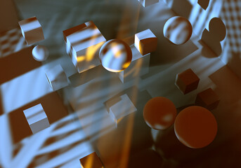 Poster - Geometric background. Rendering geometric shapes. Background texture modern. Modern background design. Balls and cubes in zero visibility. Abstract pattern. Zero visibility wallpaper. 3d image