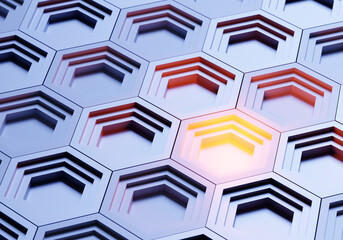 Poster - Hexagons background. This is metaphor for technology. Technological light background. Hexagons pattern. Abstract geometry. Geometric texture for site. Texture with hexagonal pits. 3d image