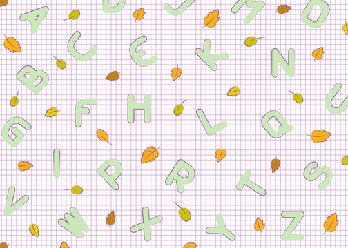 Printed letters and autumn leaves on a sheet against a background of a sheet in a cage