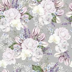  Beautiful watercolor seamless pattern  with roses and peony flowers, gypsophila, lavender and eucalyptus leaves.