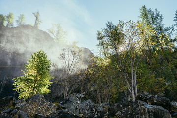 Bright landscape with water cloud of drops from waterfall on background of rocky mountain wall with autumn trees in golden sunlight. Beautiful water cloud near rock above yellow trees in gold sunshine