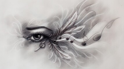 Aufkleber - drawing of female eye with note and feathers.
