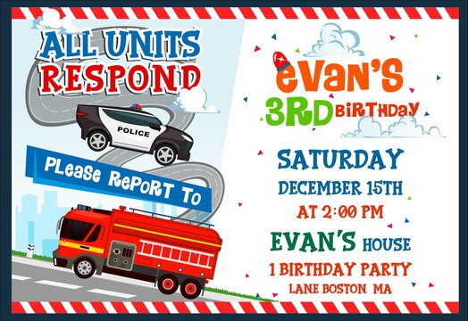 Wall Mural - Kid's Birthday party invitation template with police car and firetruck. Colorful design template. Cartoon vector illustration