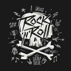 Poster - Rock n Roll Lettering or Grunge Poster with doodle skull shape - creative vector artwork. Rock party design isolated from black. Rock'n'Roll party Tee print stamp t-shirt, print fabric