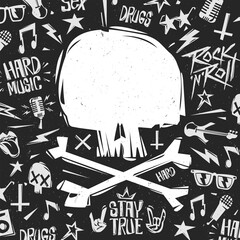 Poster - Rock n Roll Grunge Poster with doodle punk elements, skull shape clean space - creative vector design. Rock party design isolated from black. Rock'n'Roll party Tee print stamp t-shirt, print fabric