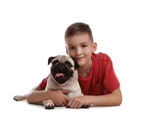 Sticker - Boy with his cute pug on white background