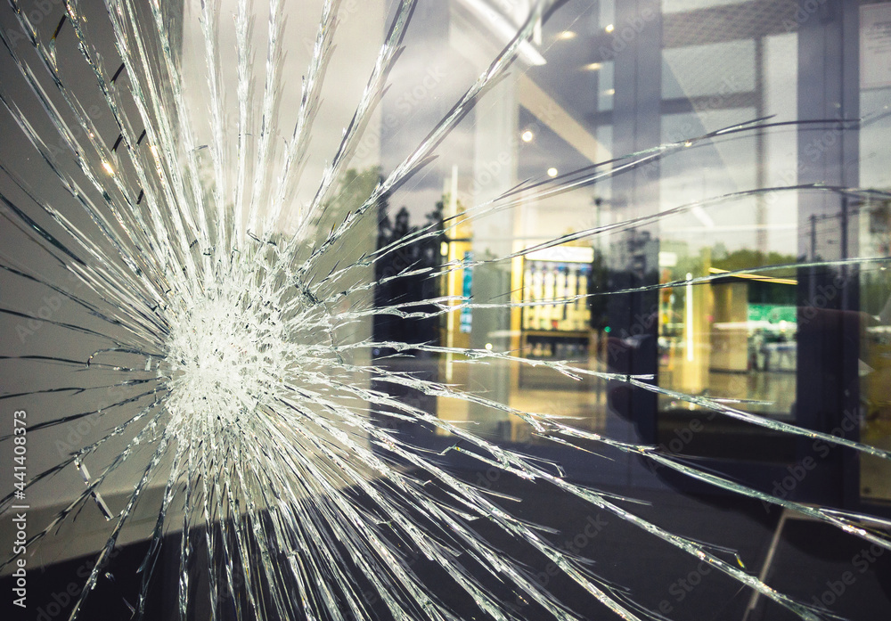 broken office window reinforced antivandal strong glass - obrazy, fototapety, plakaty 