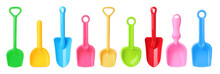 Different Bright Plastic Toy Shovels On White Background, Collage. Banner Design