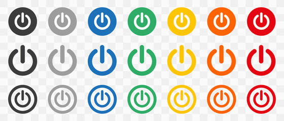 Fototapete - Power buttons vector. Set of power off or on icon isolated on transparent background. Button icons, colours.