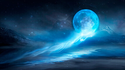 Wall Mural - futuristic fantasy night landscape with abstract landscape and island, moonlight, radiance, moon, ne