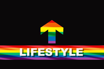 Lifestyle word on colorful rainbow flag starting line and arrow on black background . Diversity freedom concept and equality social issue idea