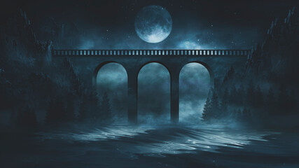 Night fantasy Futuristic landscape with abstract mountains and island on the water, old concrete bridge, moonlight. Dark natural scene with reflection of light in the water. Dark, dramatic forest. 3D 