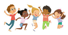 Multicultural Boys And Girls Play Together, Happily Jump And Dance. Concept Of Fun And Vibrant Moments Of Childhood. Vector Illustrations.