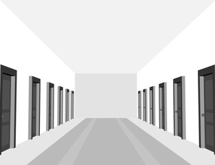Poster - Hotel, clinic or hostel hall with black and white color. Corridor with doors in perspective view.