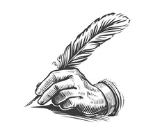 Hand Writing With A Feather. Illustration Drawn In Vintage Engraving Style