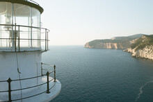 Close Up View Of White Lighthouse At Island Lefkada. Cape Of Ducato