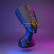 Bust of Nefertiti in etherium glasses on neon background. 3d image.