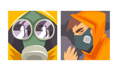 Sticker - Man Suffering from Industrial Smog and Respiratory Disease Caused By Air Pollution Vector Set