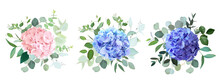 Blue, Purple, Blush Pink Hydrangea Flowers, Emerald Greenery And Eucalyptus Wedding Vector Bouquets Set