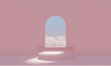 3d Soft Pink Podium Near The Window And Clouds In It. Blank Product Stage.