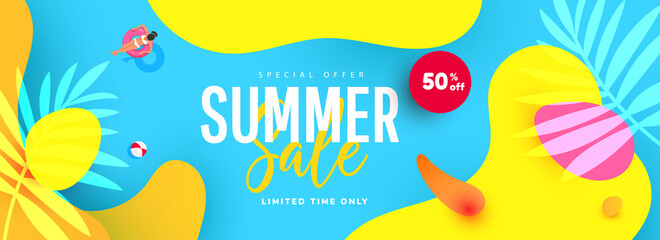 Wall Mural - Summer sale 50 off vector illustration with tropical leaves, bubble forms and beach accessories pattern background. Promotion banner for website, flyer and poster. Vector illustration