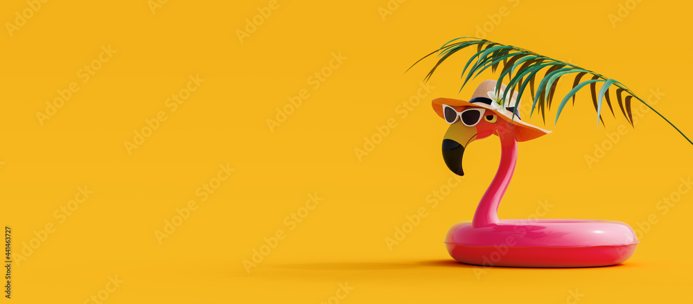 Pink flamingo with sunglasses and hat under palm leaf on yellow summer background 3D Rendering, 3D Illustration - obrazy, fototapety, plakaty 