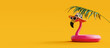 canvas print picture - Pink flamingo with sunglasses and hat under palm leaf on yellow summer background 3D Rendering, 3D Illustration