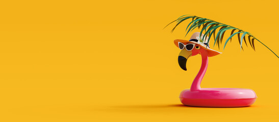 pink flamingo with sunglasses and hat under palm leaf on yellow summer background 3d rendering, 3d i
