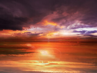 Wall Mural - summer night gold orange sunset dramatic cloudy sky lilac pink sea water reflection sunlight evening