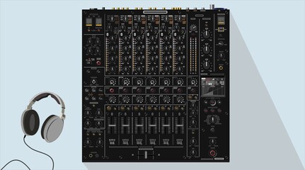 Realistic top-end modern DJ mixer in vector. Multi-channel device. Material for playbill and poster. EQ faders and buttons. Equipment type DJM V10. Themes of night clubs. To be applied to T-shirt. 