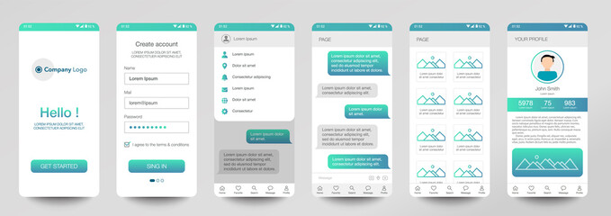 Design of mobile app Chat room, UI, UX, GUI. Set of user registration screens with login and password input, account sign in, sign up, home page. Modern Style. Minimal Application. UI Design Template