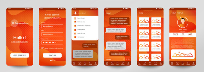Design of mobile app Chat room, UI, UX, GUI. Set of user registration screens with login and password input, account sign in, sign up, home page. Modern Style. Minimal Application. UI Design Template